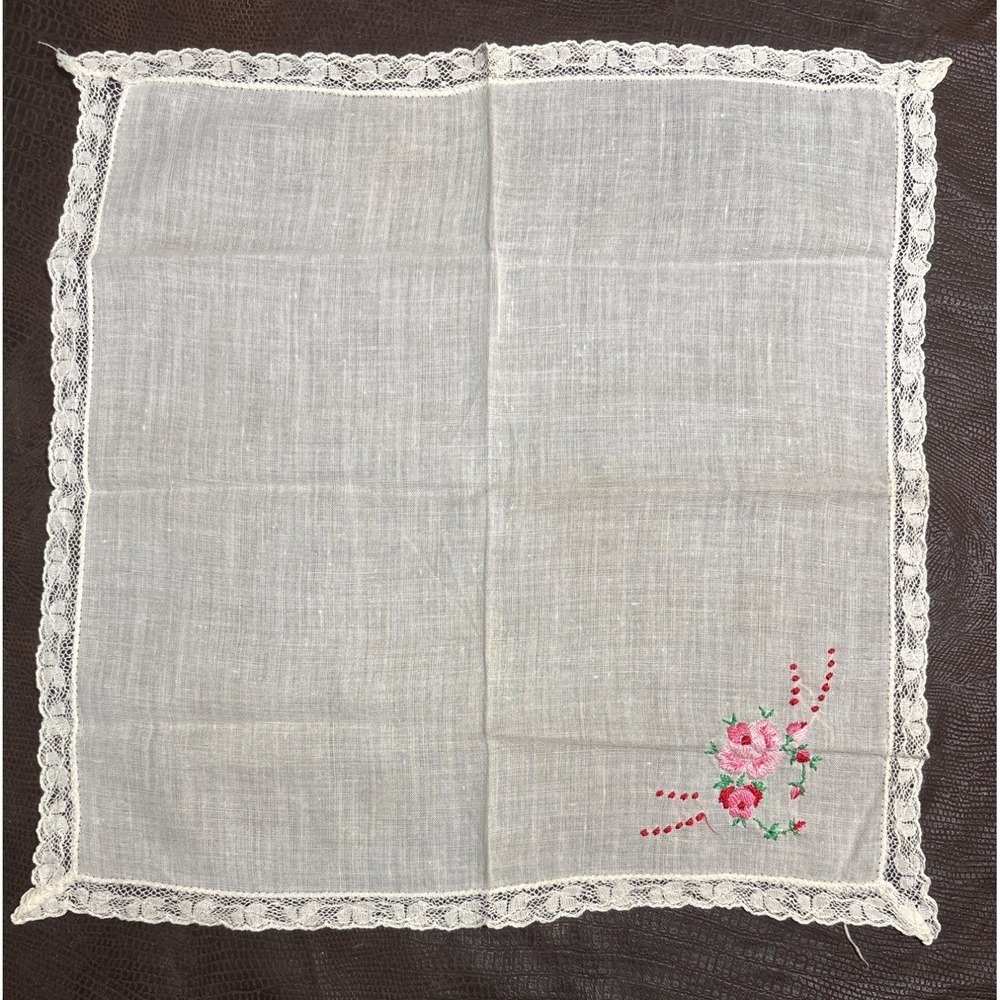 Vintage White Cotton Handkerchief With Pink‎ Floral Embroidery & Lace Trim